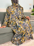 Women's Traditional Floral Ramadan Muslim Cotton Abayas Garment with attached Headscarf