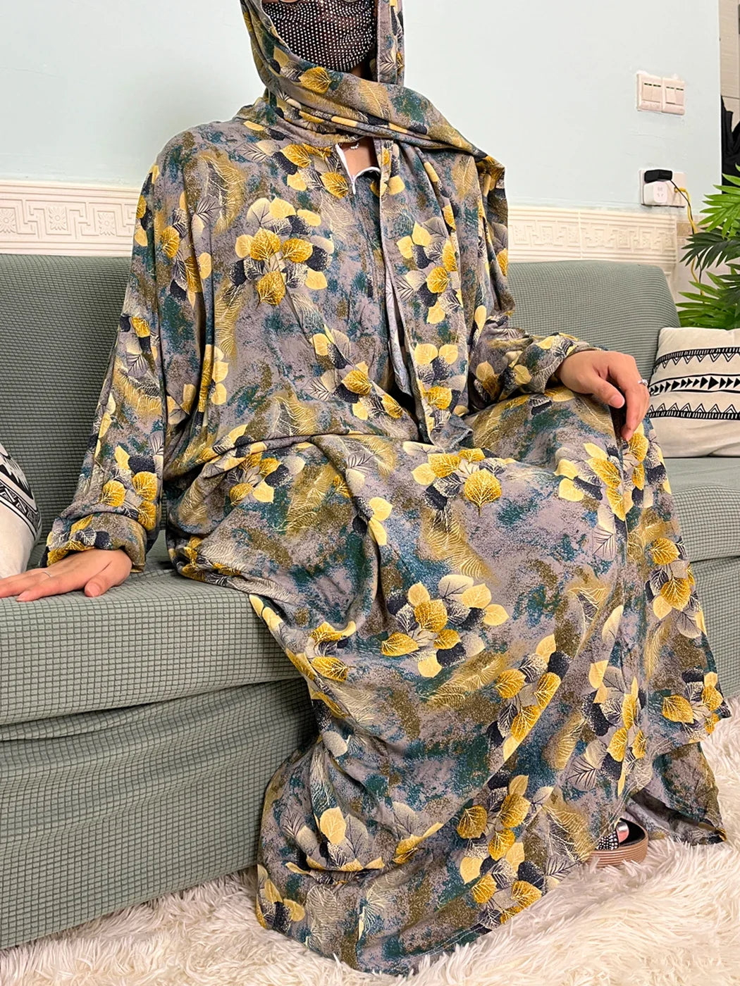 Women's Traditional Floral Ramadan Muslim Cotton Abayas Garment with attached Headscarf