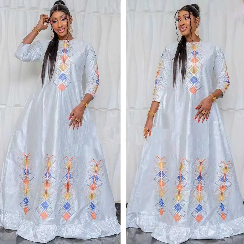 Women's Bazin Riche Long Dresses For Traditional Wedding Party and Evening Gowns White