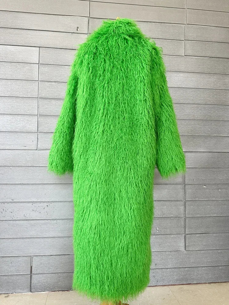 Faux Fur Jacket Women Long Coat Thick Fluffy Winter Warm Shaggy Overcoat Open Stitch Outerwear Turn Down Collar High Street