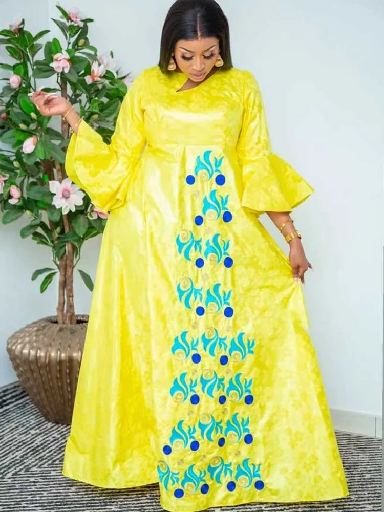 Yellow Bazin Riche Long Dresses For African Wedding Women Evening Gowns Top Quality Dashiki Robe Printed Style