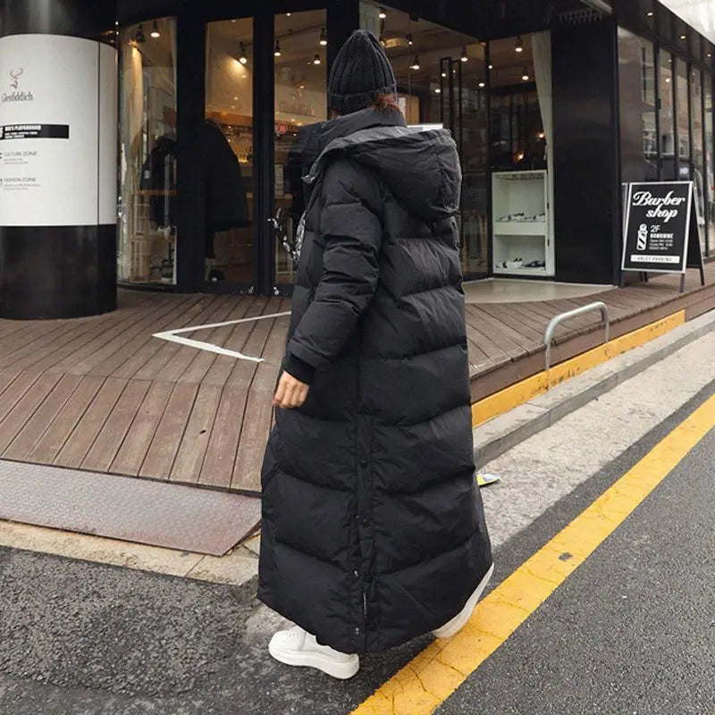 Women's Thickened Padded Cotton Parka Over-The-Knee Long Black down Coat Winter Warm Fashion Zipper Closure Slim Fit Female Jacket
