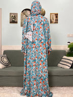 Women's Traditional Floral Ramadan Muslim Cotton Abayas Garment with attached Headscarf