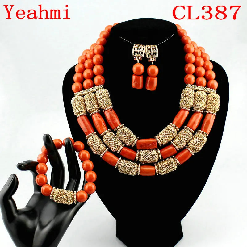 Fashion African Jewelry Set Nigerian Wedding Orange Coral Jewelry Set for Bride