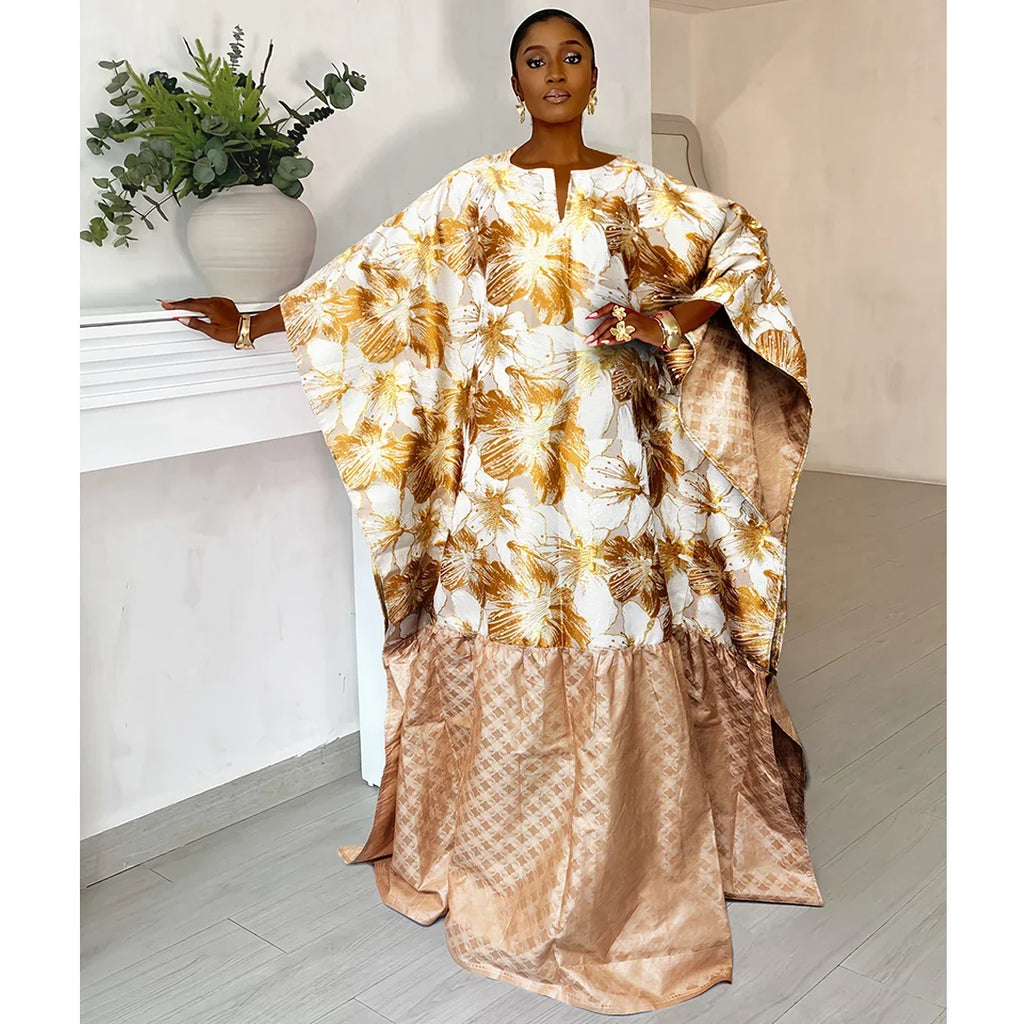 Gold Line African Women Brocade Boubou Dress Party Dashiki Embroidery With