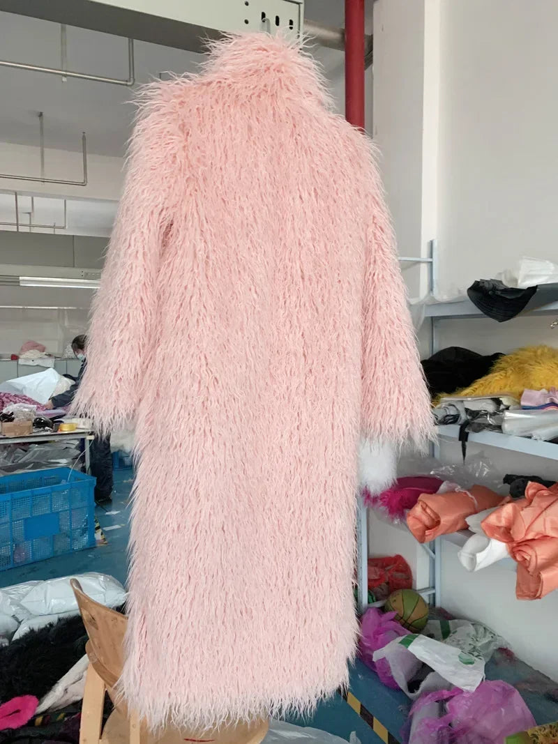 Faux Fur Jacket Women Long Coat Thick Fluffy Winter Warm Shaggy Overcoat Open Stitch Outerwear Turn Down Collar High Street