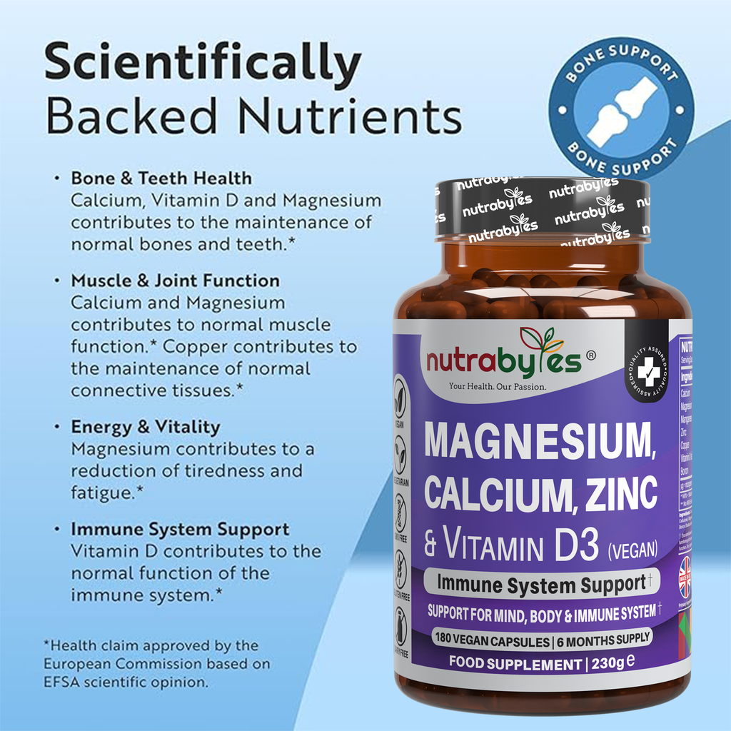 Magnesium, Calcium, Zinc & Vitamin D3 (Vegan D3) - Advanced Immunity Support, 6 Months Supply | Made in the UK