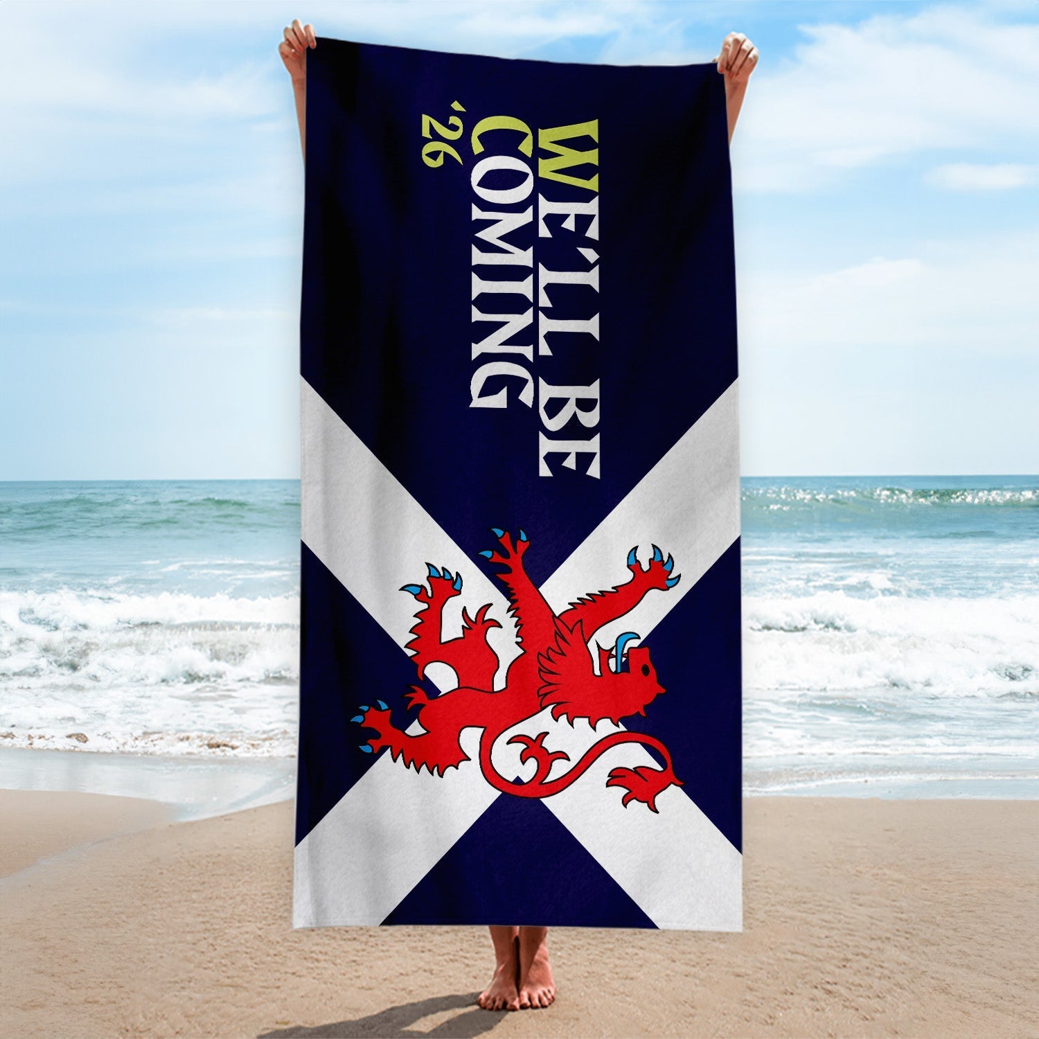 Scotland WC26 - We'll Be Coming Lion - Beach Towel - Microfibre Retro Beach Towel - 150cm x 75cm