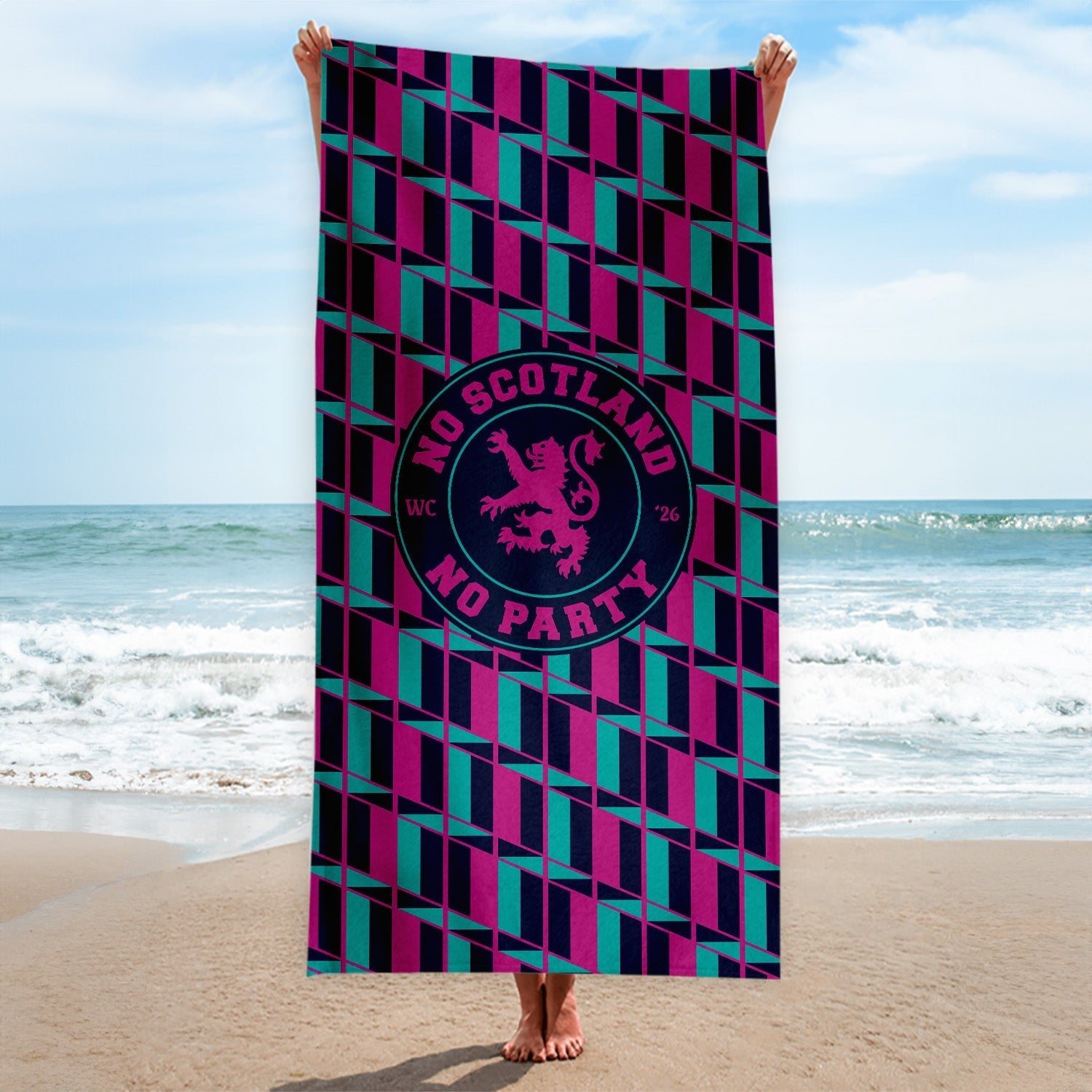 No Scotland No Party - Blue & Pink Retro Pattern - Beach Towel - Microfibre Retro Beach Towel - 150cm x 75cm