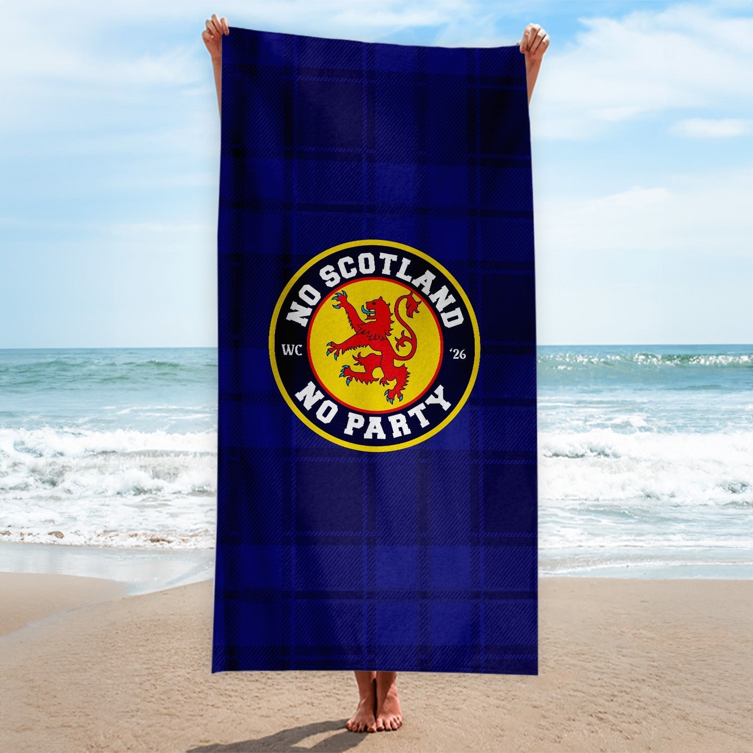 No Scotland No Party - Blue Tartan - Beach Towel - Microfibre Retro Beach Towel - 150cm x 75cm