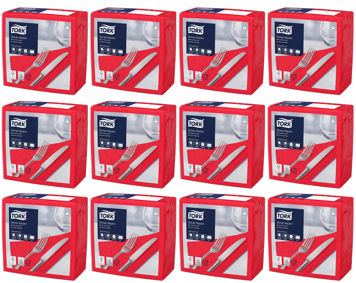 12 x Tork Dinner Napkin Red 2Ply 150Pk