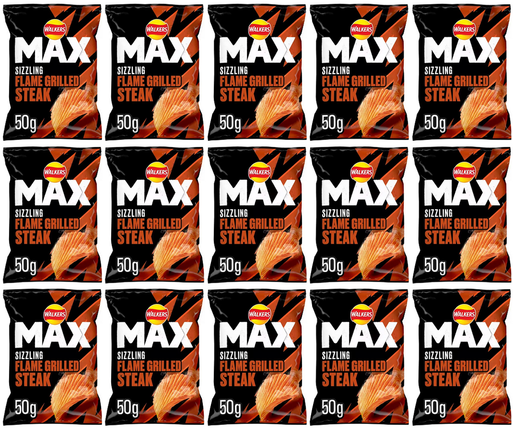 15 x Walkers Max Flamed Grilled Steak - 70GM