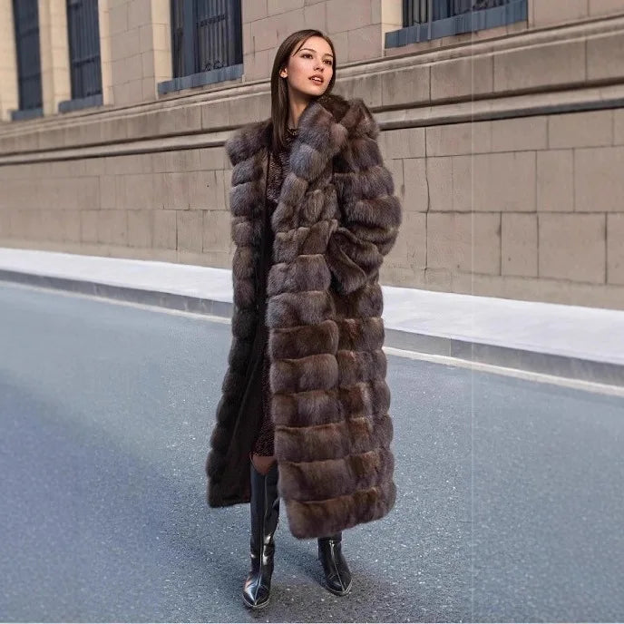Vintage Brown Women's Winter Faux Fur Jacket Hooded Warm Thickened Fur Trim Outwear Chic Lady Eco-Friendly Coat