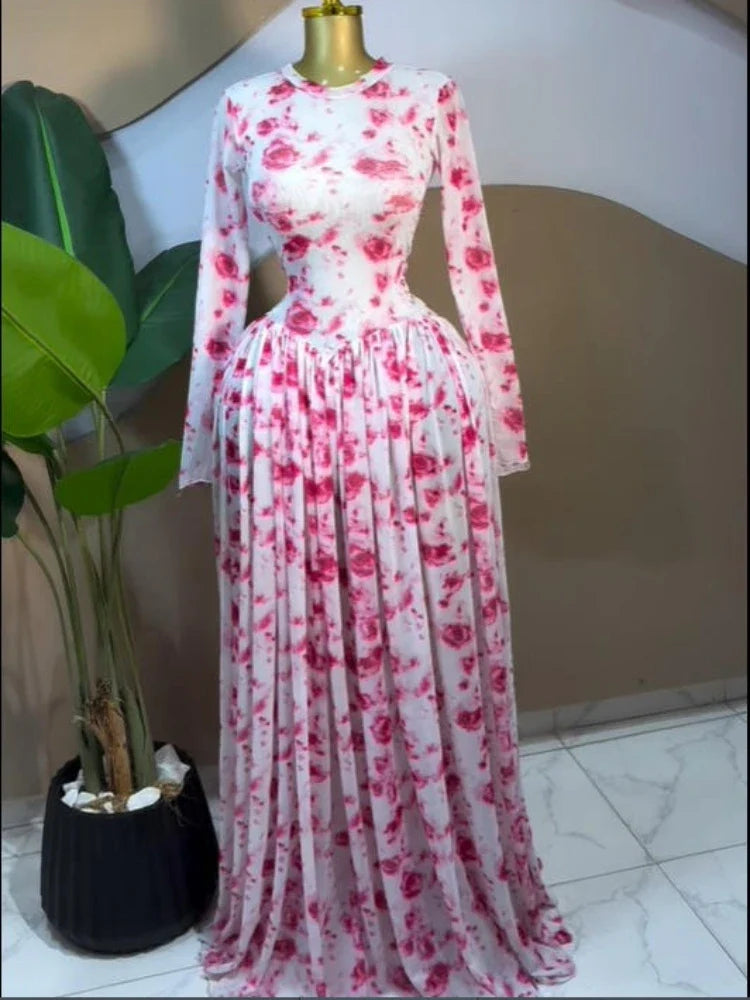 Women leaf Print patchwork smock Midi A-line Long Maxi Elegant Evening Dresses