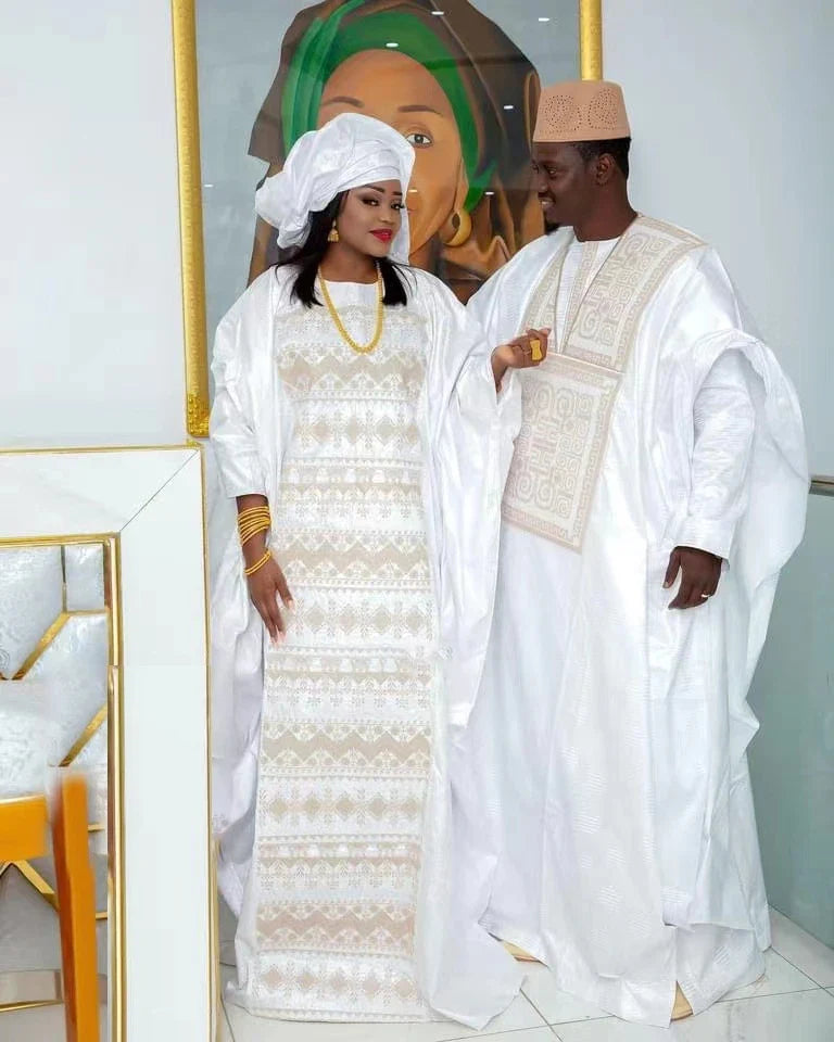 African Dresses For Couples Traditional  Bazin Embroidery Dresses Floor Length With Scarf