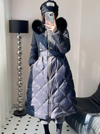 Women's Thickened Warm Hooded Puffer Jacket Winter Duck down Coat Fluffy Long Belted Zipper Closure Casual Style