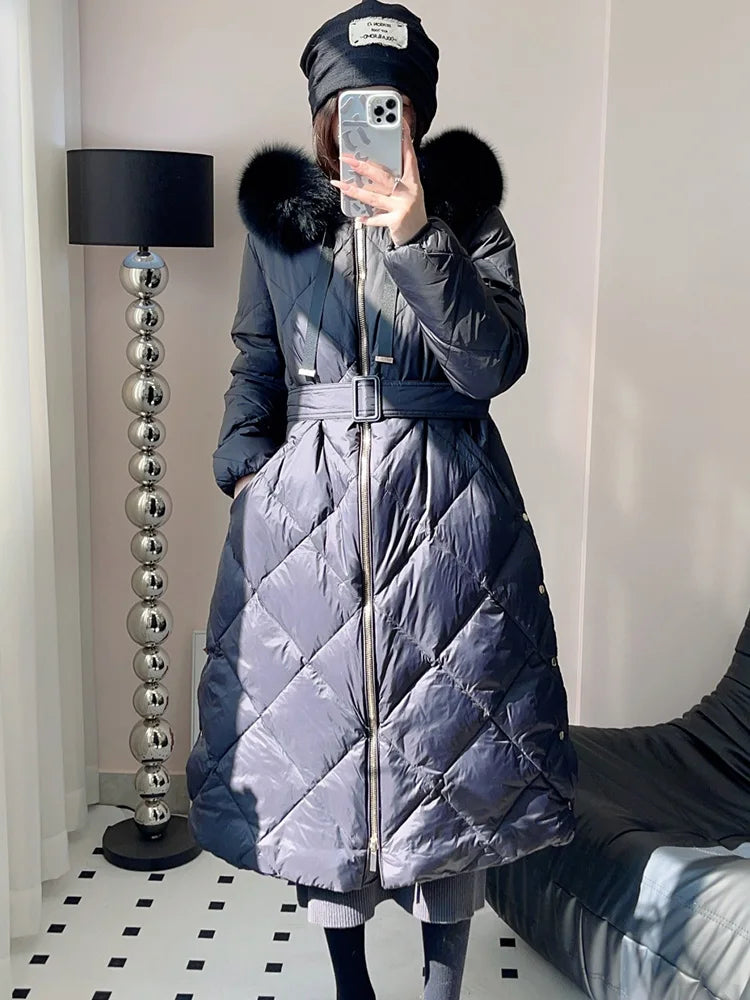 Women's Thickened Warm Hooded Puffer Jacket Winter Duck down Coat Fluffy Long Belted Zipper Closure Casual Style