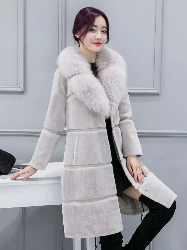 Women's Elegant Imitation Faux Fur Collar Warm Coat Fashion Plush V-Neck Button Detail