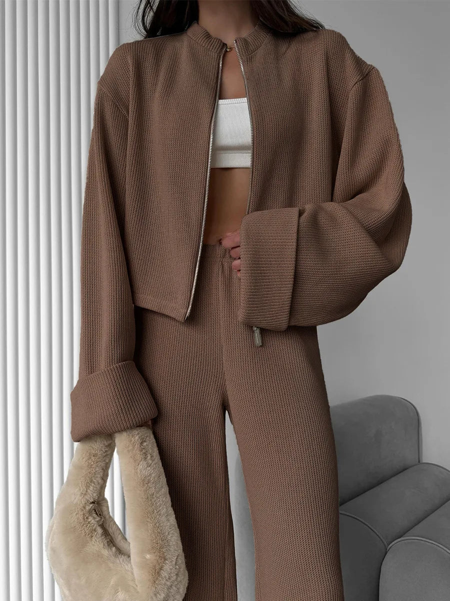 Women's Zip up Jacket And Wide Leg Pants Set Soft Knit Loose Long Sleeve Autumn Winter Casual Sweater Outfit