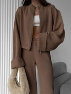 Women's Zip up Jacket And Wide Leg Pants Set Soft Knit Loose Long Sleeve Autumn Winter Casual Sweater Outfit