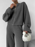 Women's Zip up Jacket And Wide Leg Pants Set Soft Knit Loose Long Sleeve Autumn Winter Casual Sweater Outfit