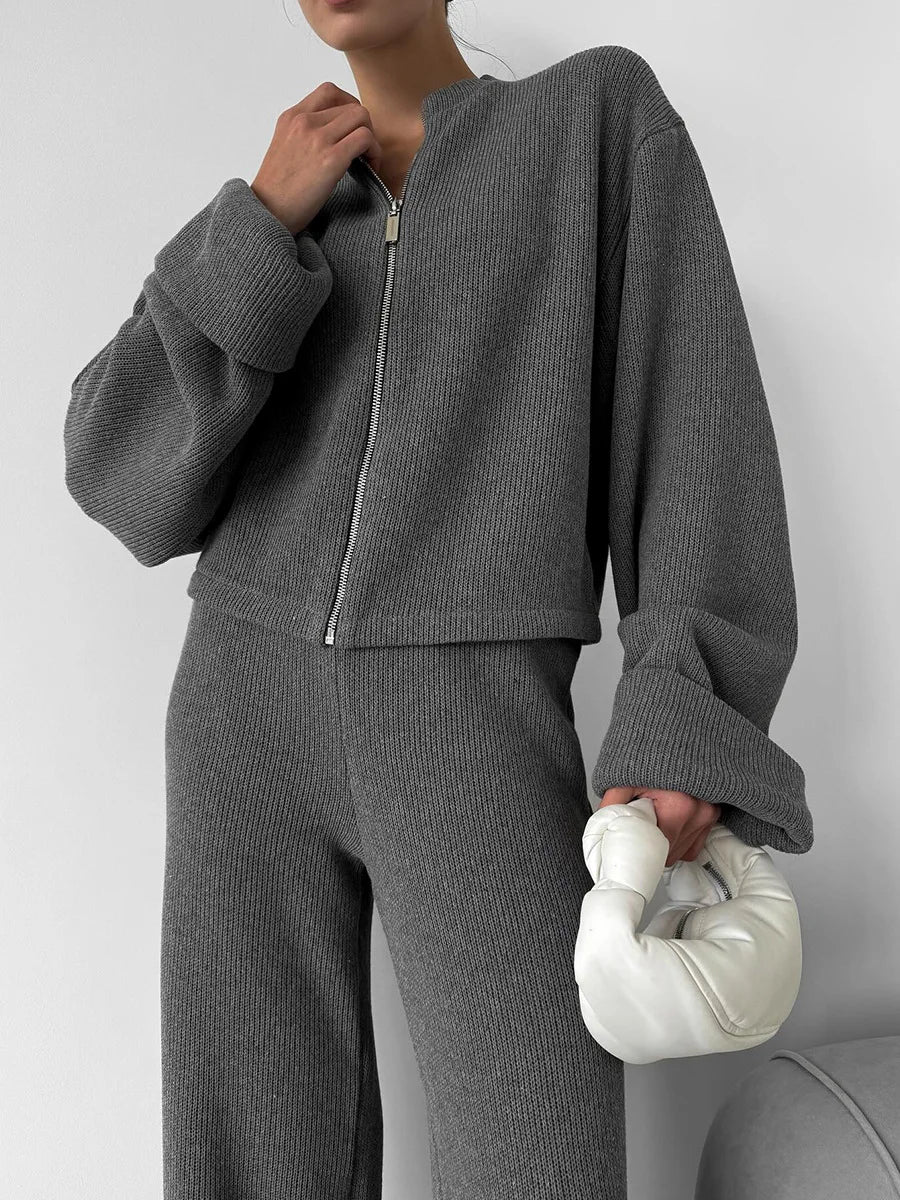 Women's Zip up Jacket And Wide Leg Pants Set Soft Knit Loose Long Sleeve Autumn Winter Casual Sweater Outfit