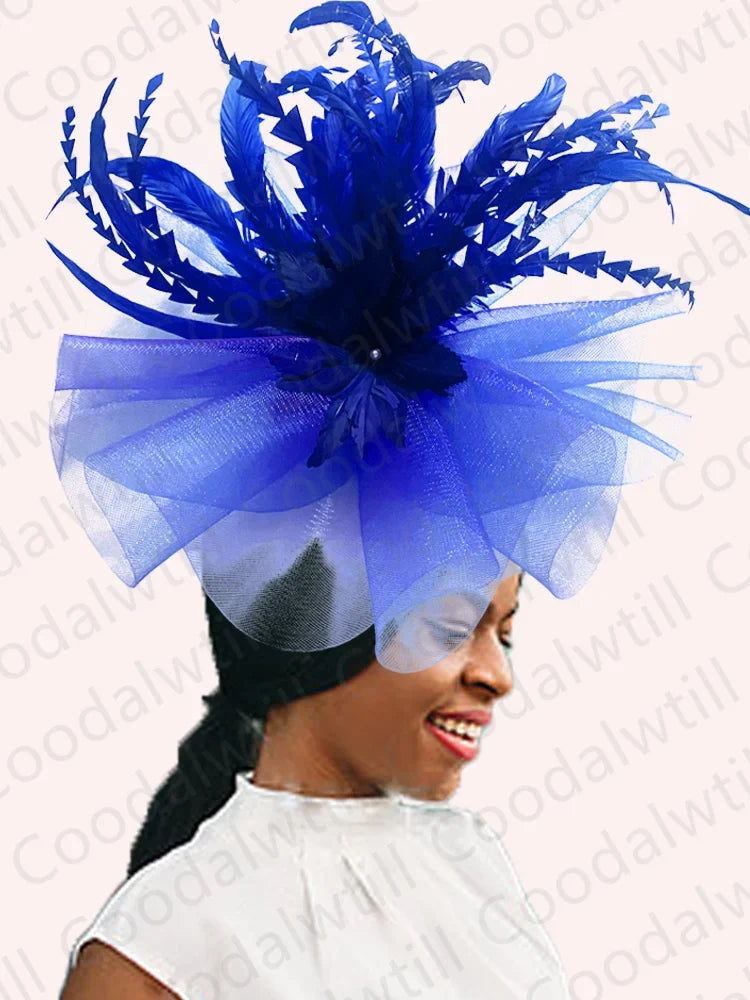 Kentucky Derby Big Fascinator Hat Women Wedding Elegant Feather Pillbox Cap