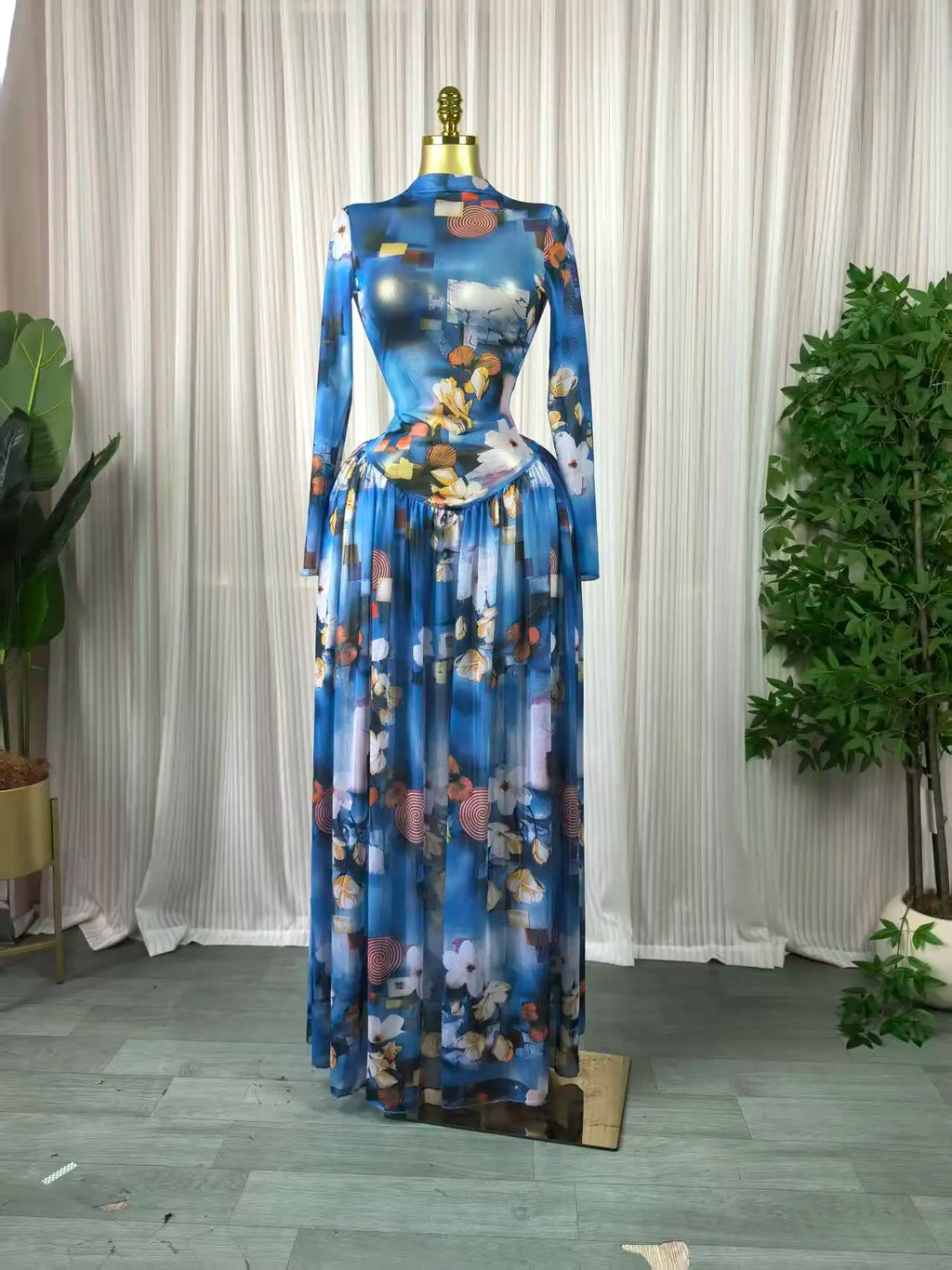 Women leaf Print patchwork smock Midi A-line Long Maxi Elegant Evening Dresses