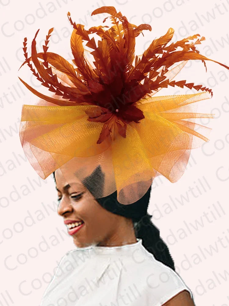 Kentucky Derby Big Fascinator Hat Women Wedding Elegant Feather Pillbox Cap