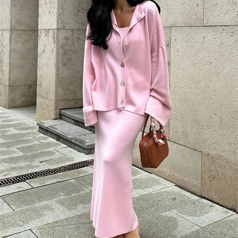 Women's Fashion Three Piece Set Solid Knitted Vest Long Sleeve Single Breasted Coat Chic Maxi Skirt Outfit Winter Casual Dress
