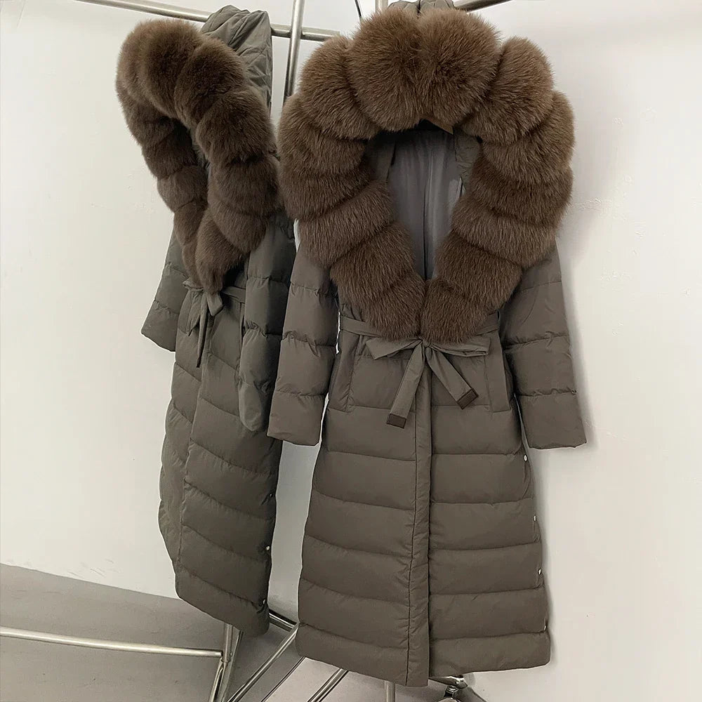 Real Faux Fur Collar Puffer Jacket Duck Down Thick Coat For Women