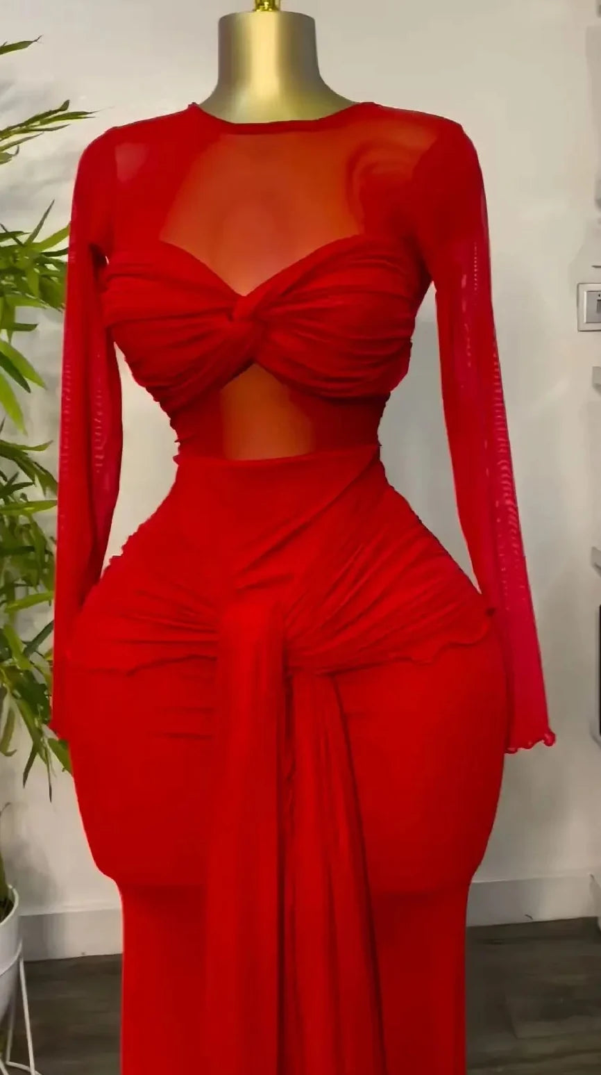 Mesh Maxi Dress with Bow-knot - Elegant Long Sleeve Sheer Dress for Women