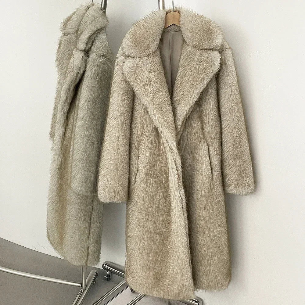 Women's Long Faux Fur Jacket European Style Lapel Casual Coat Eco-Friendly Covered Button Loose Fit Winter Warm