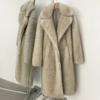 Women's Long Faux Fur Jacket European Style Lapel Casual Coat Eco-Friendly Covered Button Loose Fit Winter Warm