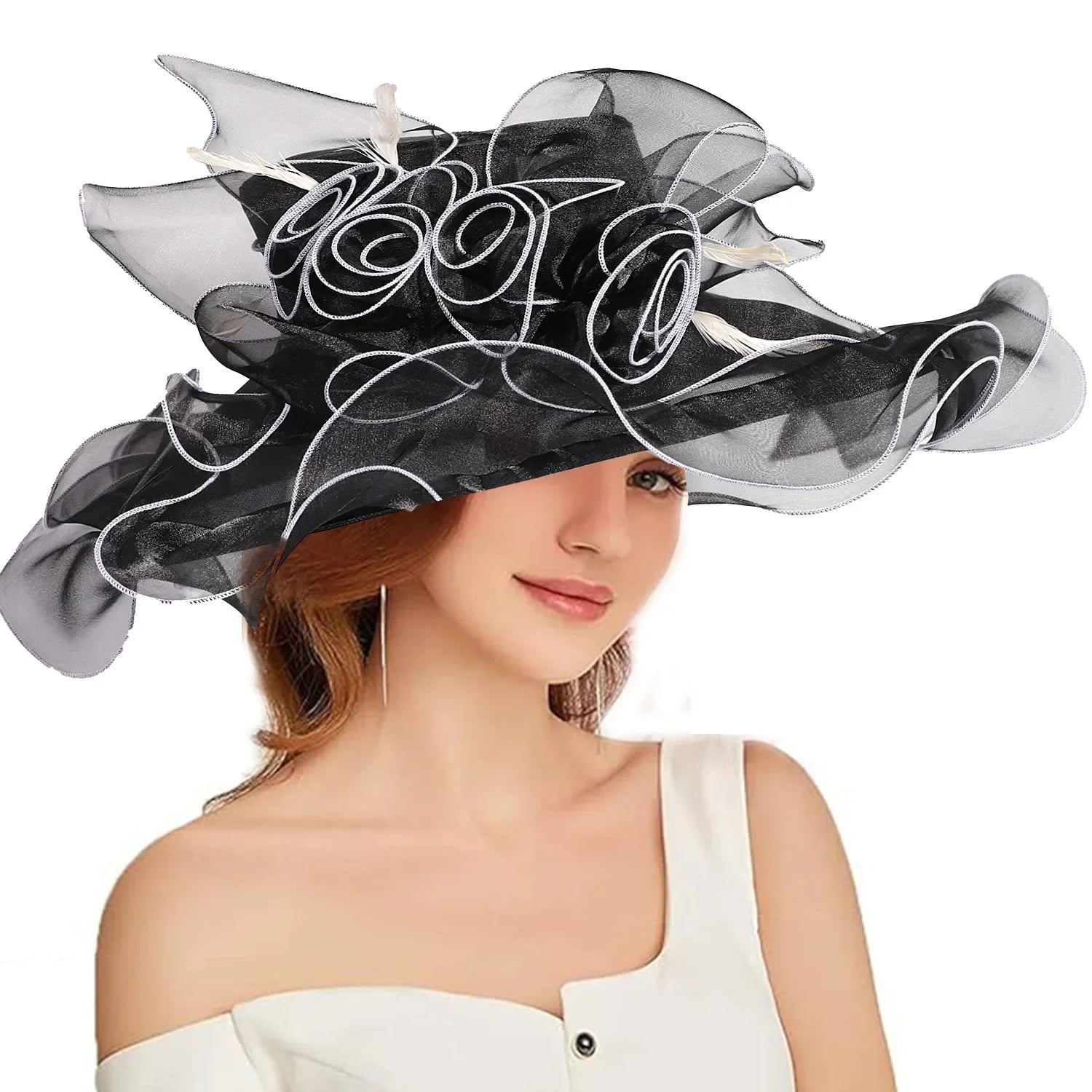 Women's Fascinators Organza Sun Hats Wide Brim Wedding Bride Tea Party Church