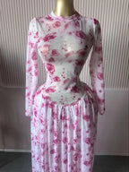 Women leaf Print patchwork smock Midi A-line Long Maxi Elegant Evening Dresses