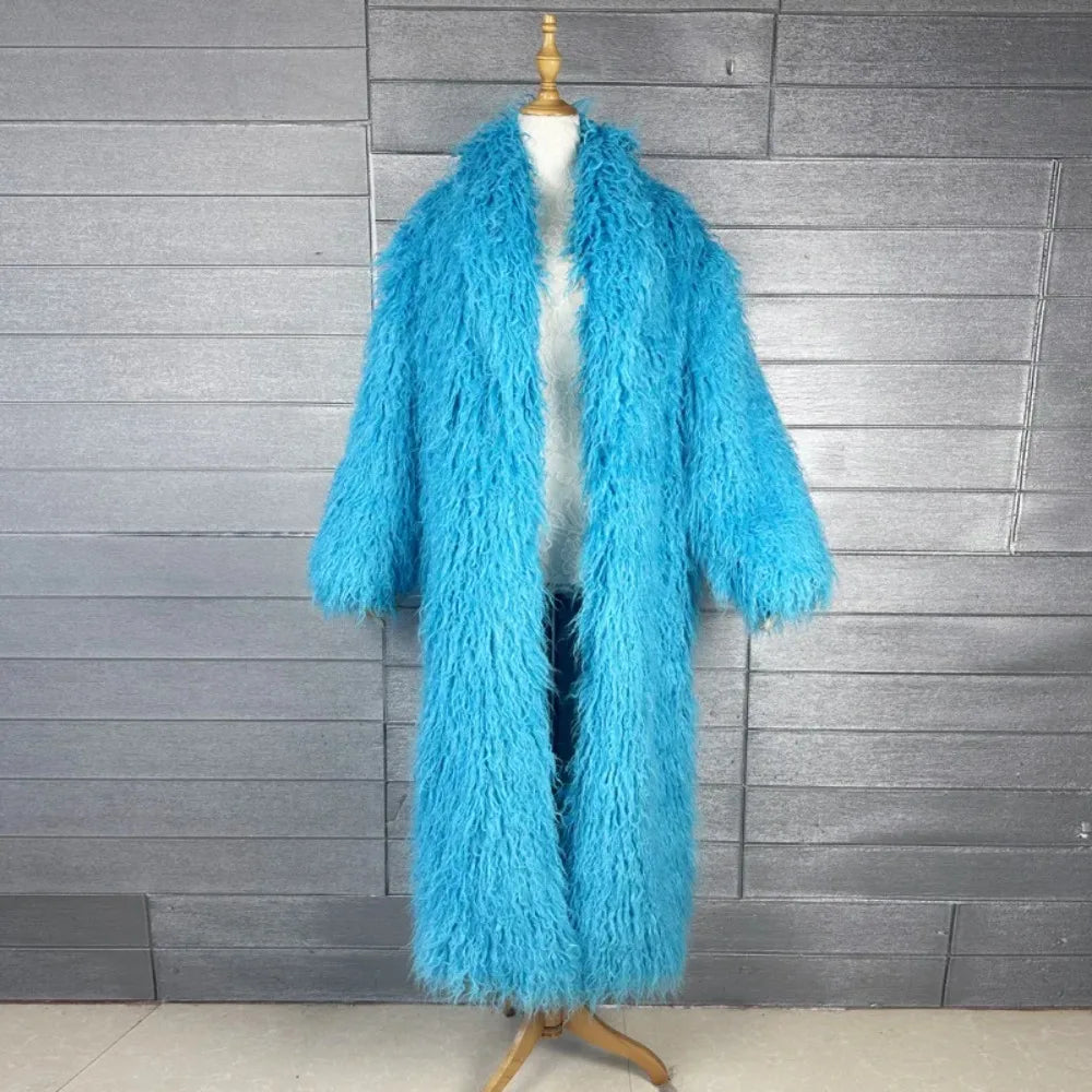 Faux Fur Jacket Women Long Coat Thick Fluffy Winter Warm Shaggy Overcoat Open Stitch Outerwear Turn Down Collar High Street