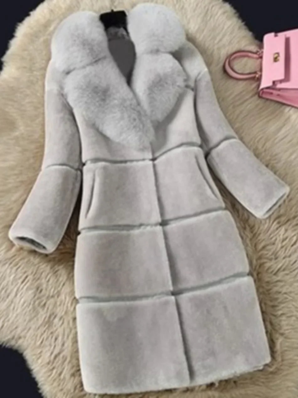 Women's Elegant Imitation Faux Fur Collar Warm Coat Fashion Plush V-Neck Button Detail
