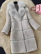 Women's Elegant Imitation Faux Fur Collar Warm Coat Fashion Plush V-Neck Button Detail