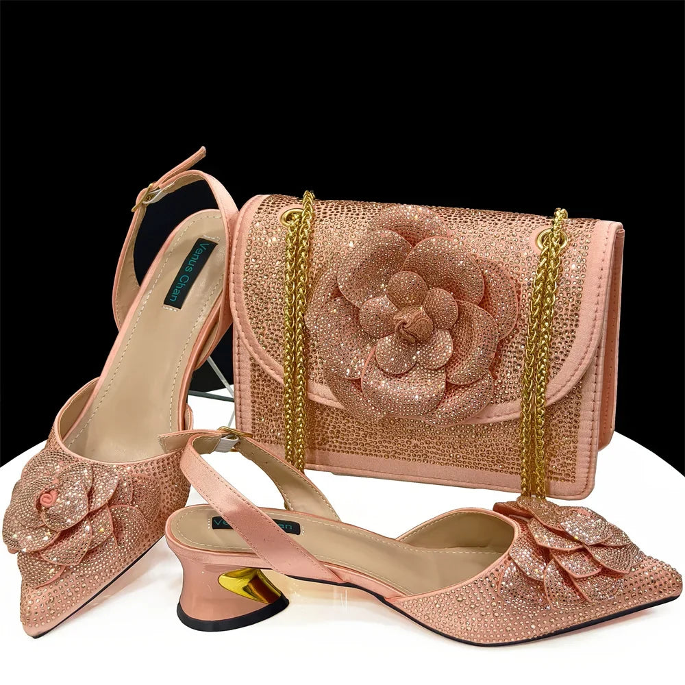 Women's Pointed-Toe Large Flower Decoration Rhinestone Low Heel Italian Shoes