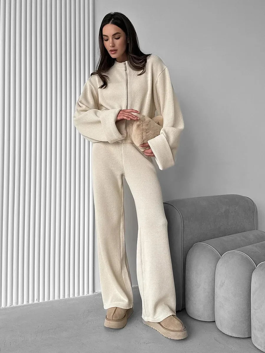 Women's Zip up Jacket And Wide Leg Pants Set Soft Knit Loose Long Sleeve Autumn Winter Casual Sweater Outfit