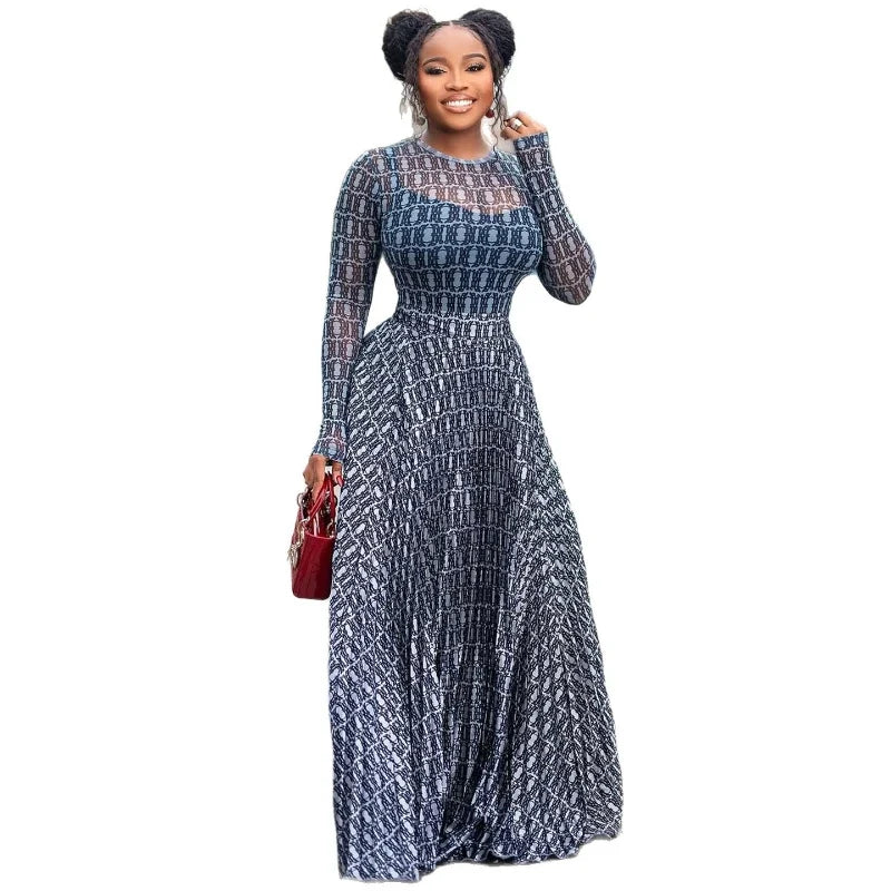 Women Two Piece Sets Skirt Round Neck Full Sleeve Print Tops Long Skirts