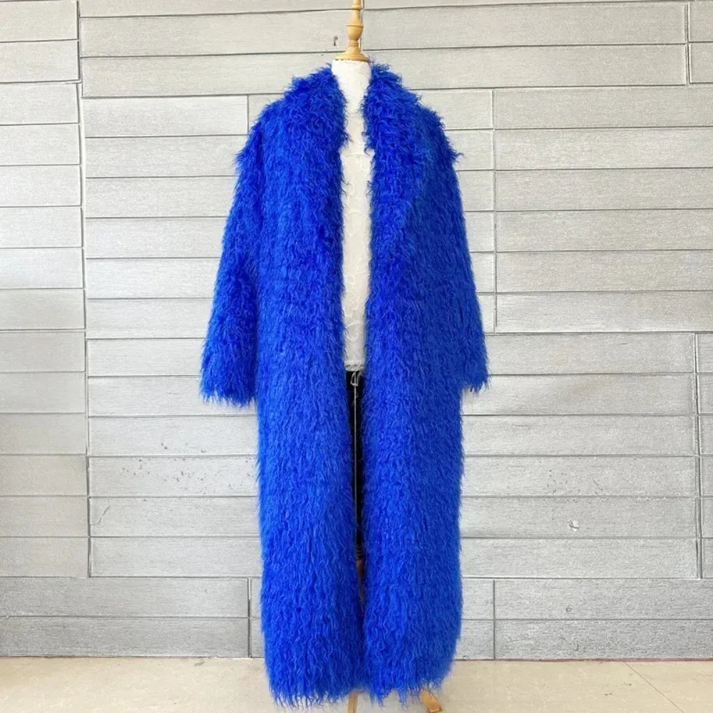 Faux Fur Jacket Women Long Coat Thick Fluffy Winter Warm Shaggy Overcoat Open Stitch Outerwear Turn Down Collar High Street