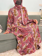 Women's Traditional Floral Ramadan Muslim Cotton Abayas Garment with attached Headscarf