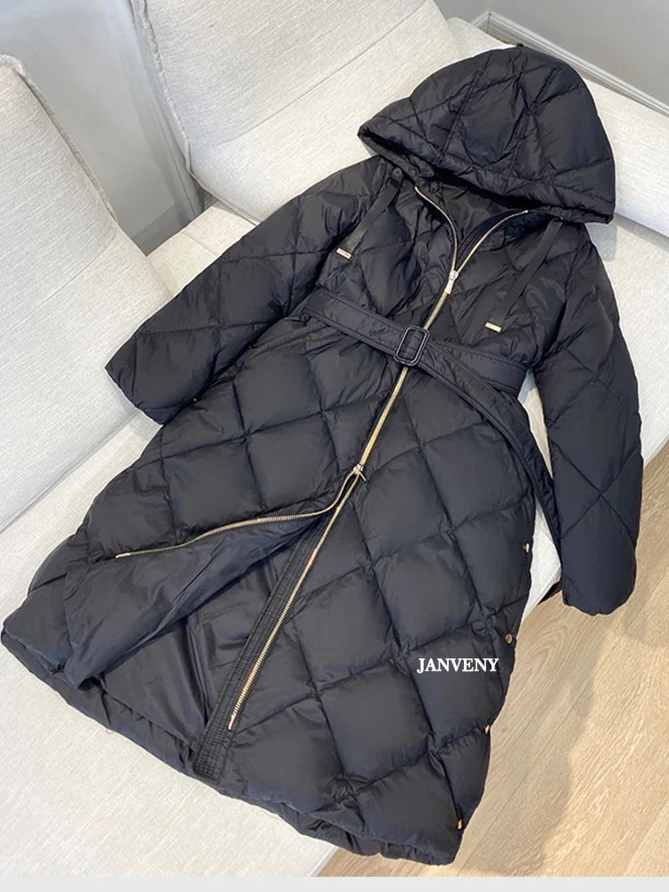 Women's Thickened Warm Hooded Puffer Jacket Winter Duck down Coat Fluffy Long Belted Zipper Closure Casual Style