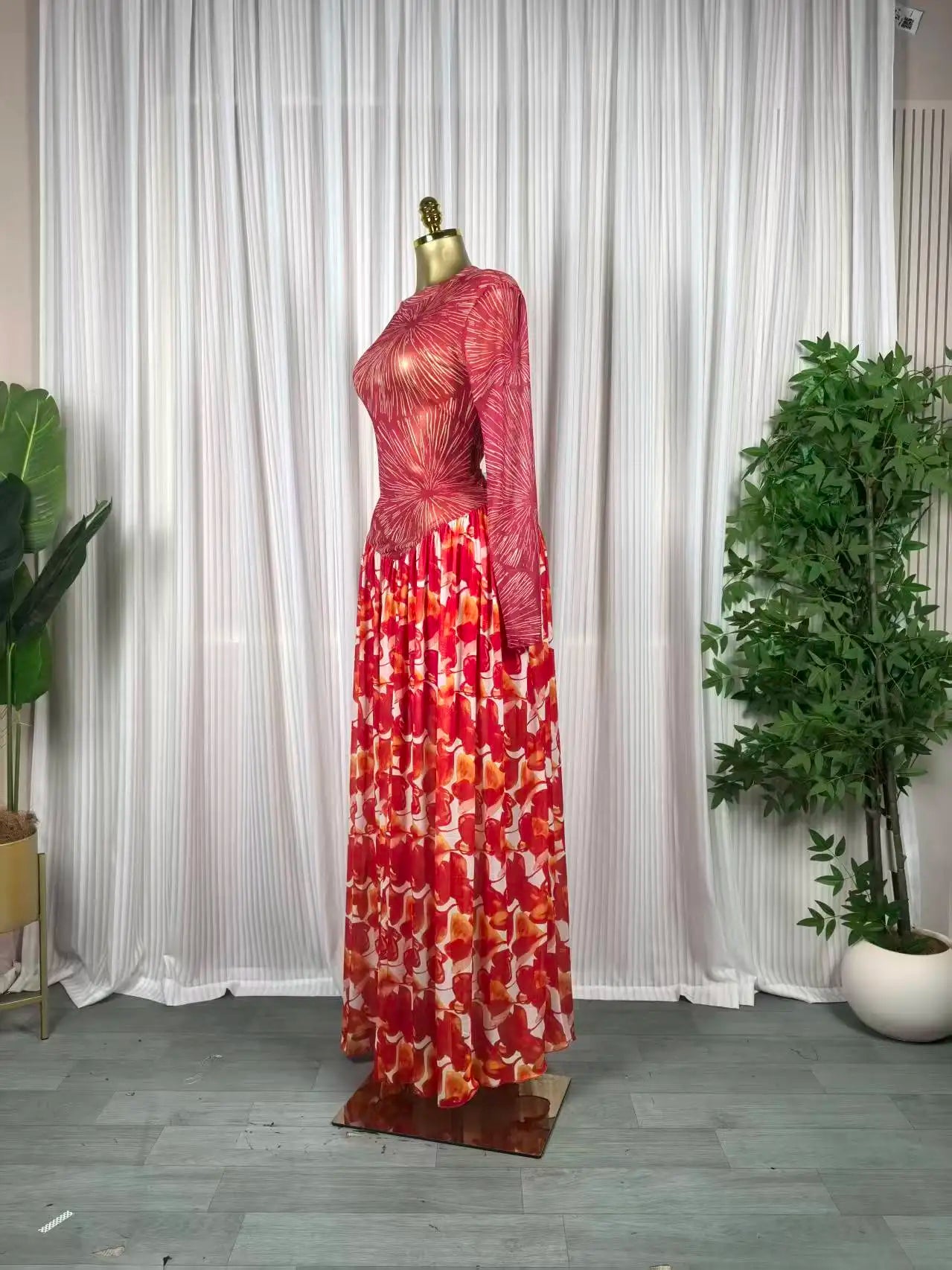 Women leaf Print patchwork smock Midi A-line Long Maxi Elegant Evening Dresses