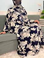 Women's Traditional Floral Ramadan Muslim Cotton Abayas Garment with attached Headscarf