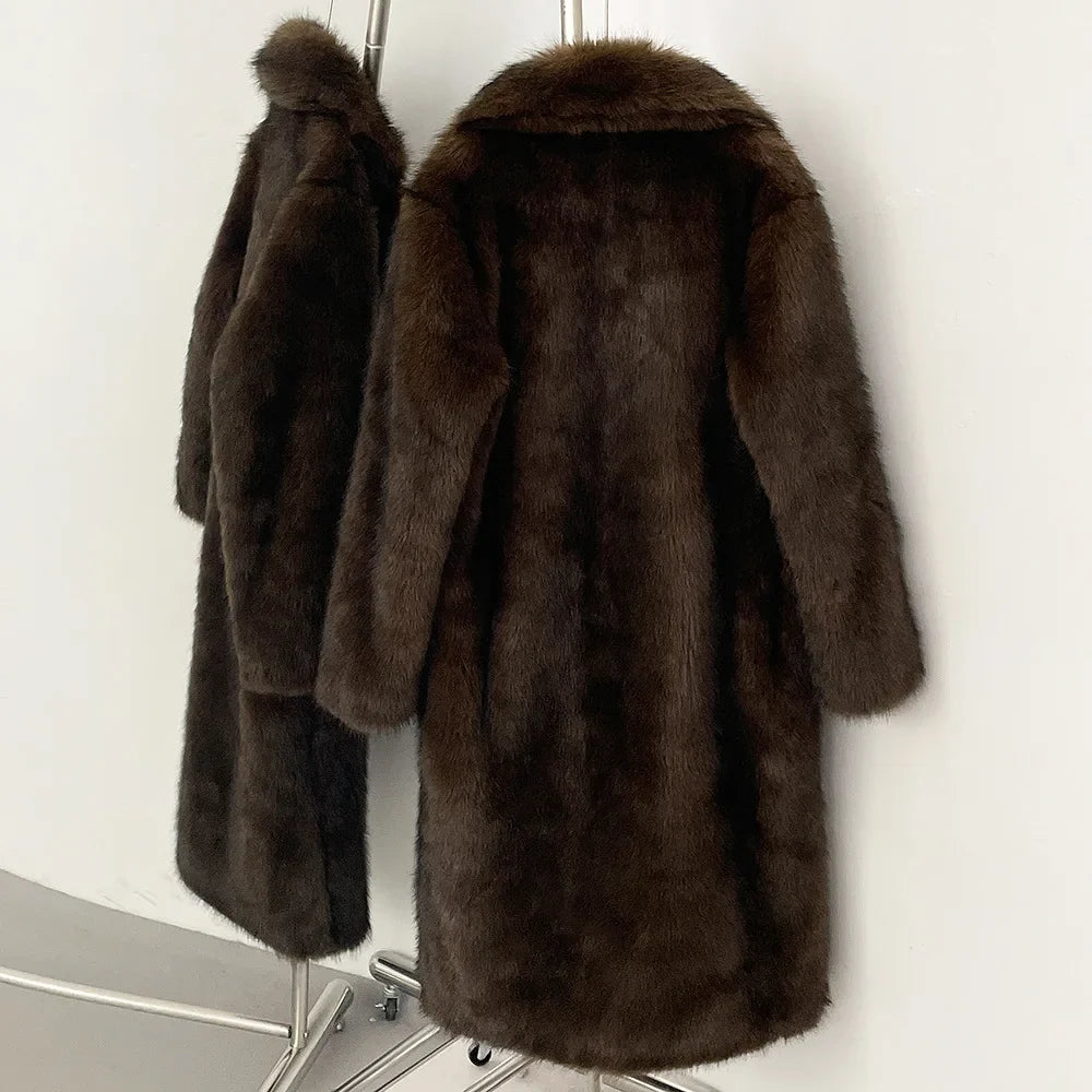 High Quality Long Length Woolen Faux Fur Coat Women's Autumn Winter Elegant Tailored Collar Jacket Non-Mink Fur Coats
