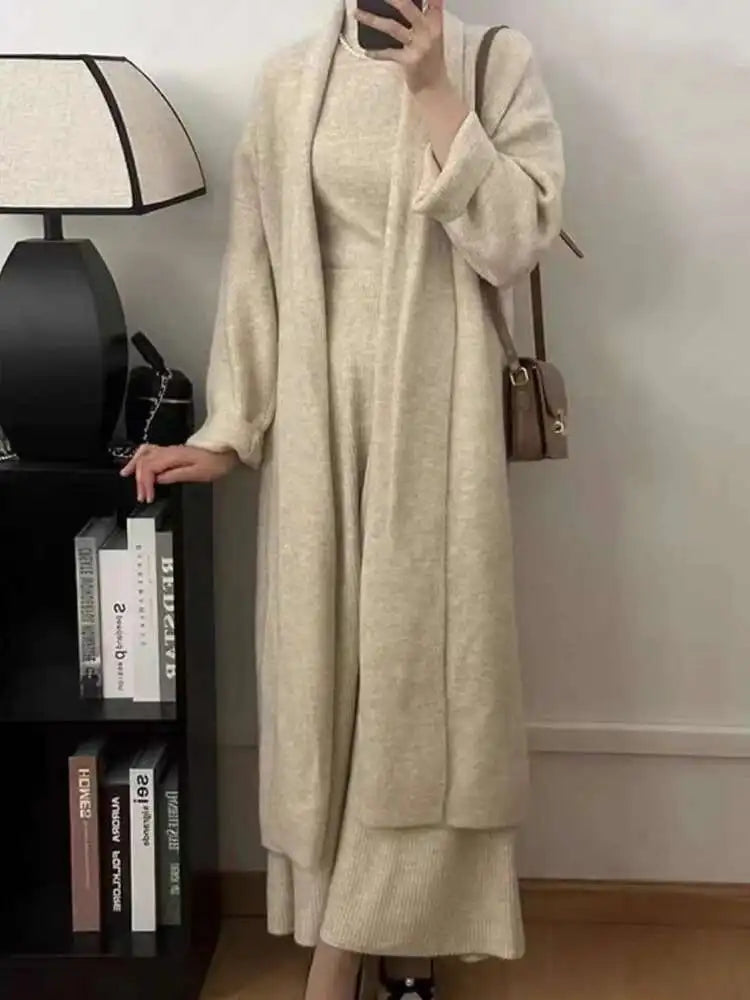 Elegant Knitted 3 Piece Set Women Long Cardigan Coat Sleeveless Vest High Waist A-line Long Skirt
