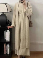 Elegant Knitted 3 Piece Set Women Long Cardigan Coat Sleeveless Vest High Waist A-line Long Skirt